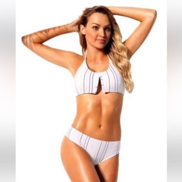 Striped Halter Bikini Set With Tie Back & High Waist Bottoms - Picture 1 of 6